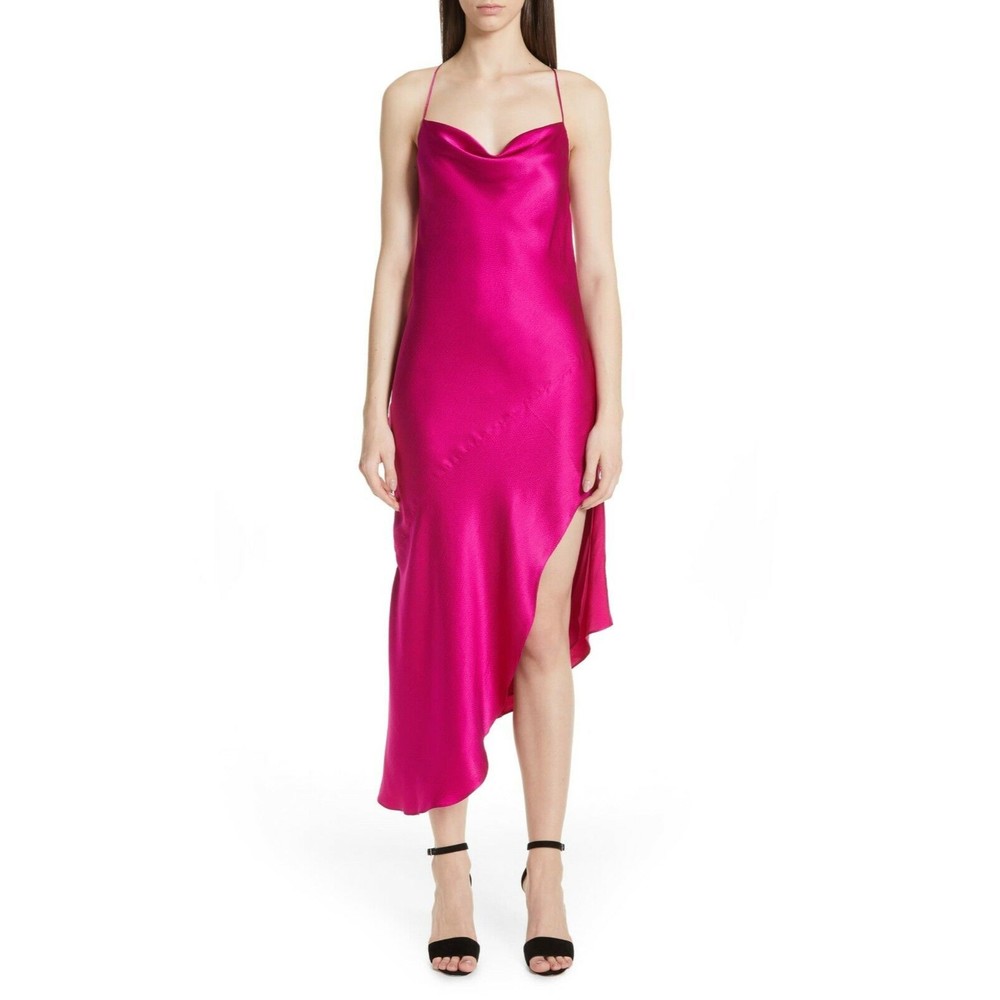 HANEY Fuchsia Pink Hammered Charmeuse Silk Satin Asymmetric Holly Midi Dress 0